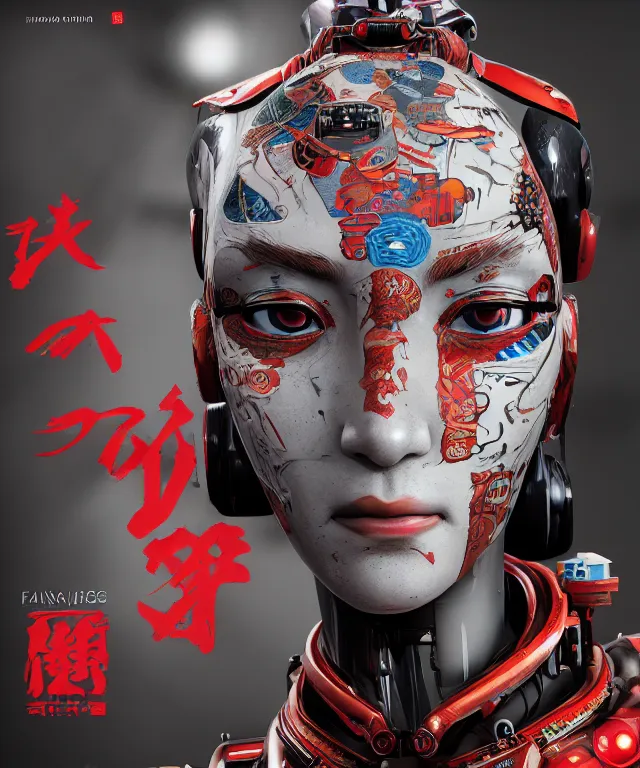 Image similar to an epic fantastic realism comic book style portrait painting of a japanese robotic geisha with kanji tattoos and decals, apex legends, octane render, intricate detail, 4 k hd, unreal engine 5, ex machina, irobot