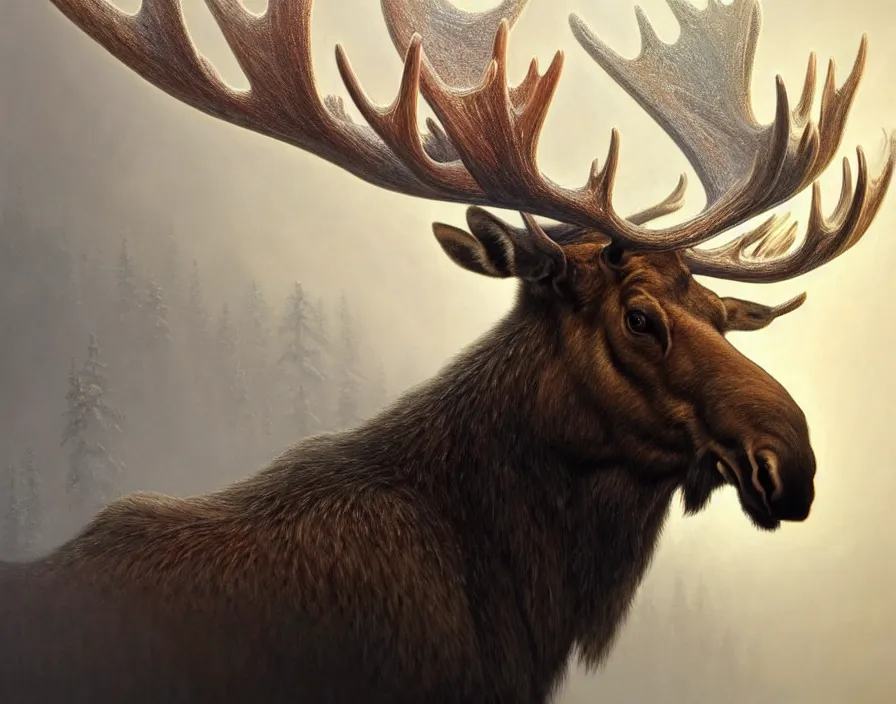 Image similar to a beautiful and very detailed painting of great ethereal moose with silver antlers, dynamic lighting, trending on artstation, path traced, highly detailed, high quality, digital art, hyper realistic, octane render, sharp focus, art by artgerm and greg rutkowski and alphonse mucha, 8 k