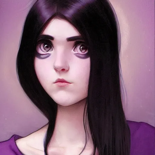 Image similar to emo girl and her cat, with long dark hair, thick eyebrows!!! deep dark big eyes and dark circles!, wide nose!!!, oval face shape, big cheeks!, violet from the incredibles by greg rutkowski and alphonse mucha, pexels contest winner, high quality photo, rtx, hd