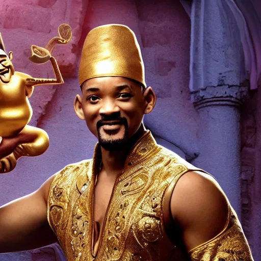 Image similar to will smith as the genie from alladin with a pistol, photo realistic, 8 k, detailed, will smith, alladin