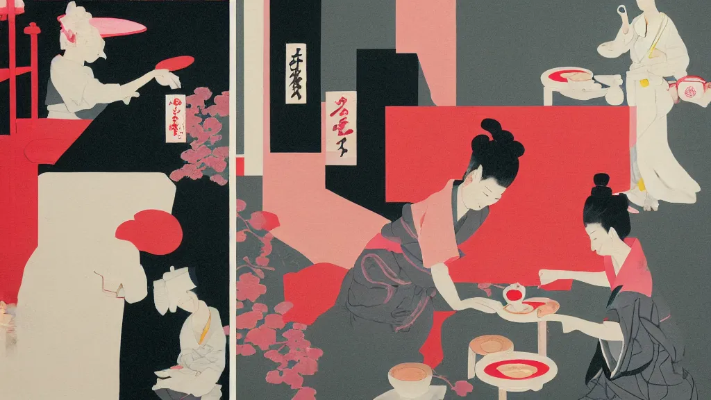 Image similar to a tea ceremony, japan, a collage painting, in the style of wes anderson, lola dupre, david hockney, isolated on negative white space background dark monochrome neon spraypaint accents volumetric octane render