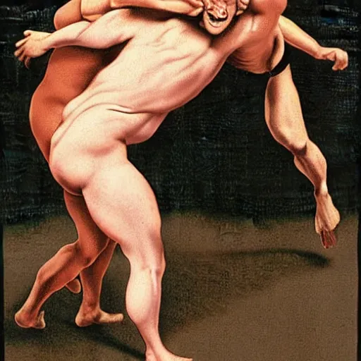 Image similar to conan o'brien and andy richter wrestling, by botticelli