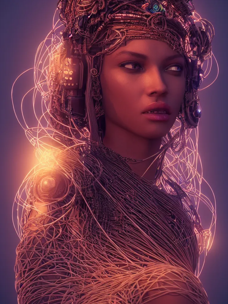 Prompt: a centered render of an alluring mystical tribal goddess adorned with cables and synthesizer parts is surrounded by sacred geometry, full body, gorgeous face, perfect face, powerful, cinematic, beautifully lit, by artgerm, 3 d, trending on artstation, octane render, 8 k