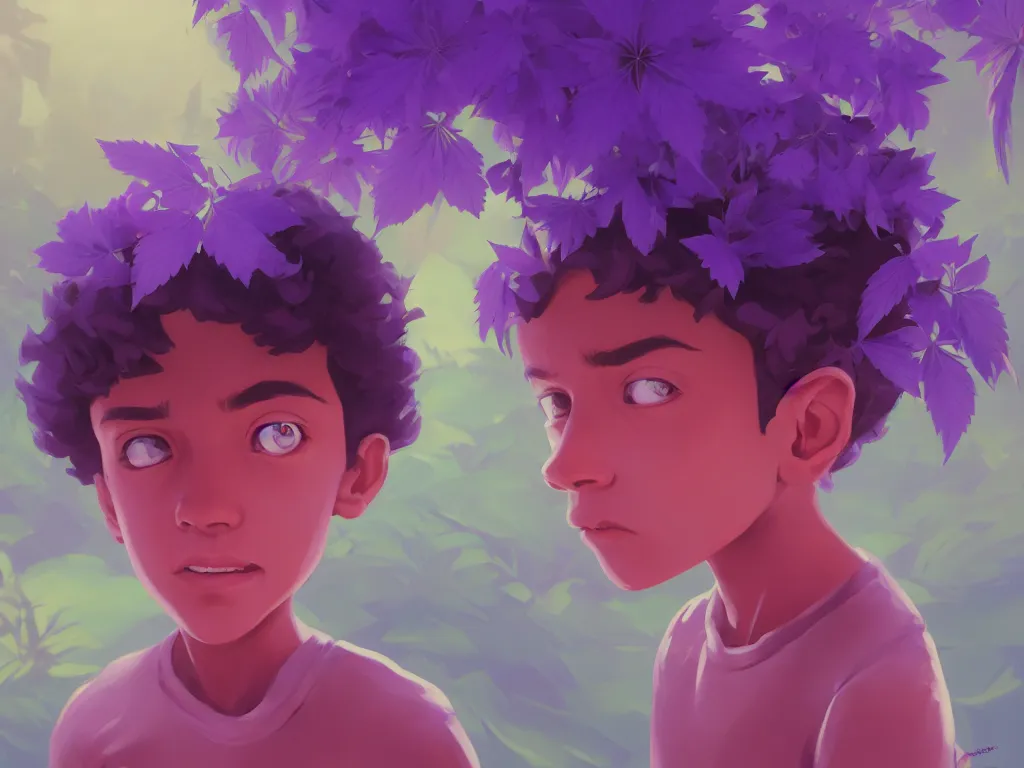 Image similar to single kid symmetrical beauty face in focus purple flowers of marijuana hemp cannabis, behance hd, by jesper ejsing, by rhads, makoto shinkai, lois van baarle, ilya kuvshinov, rossdraws global illumination, golden ratio