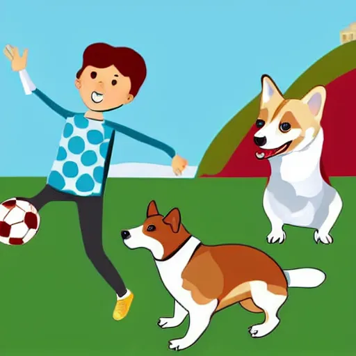 Image similar to illustration of french boy in paris playing football against a corgi, the corgi is wearing a polka dot scarf