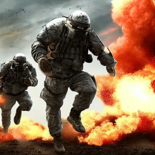 Image similar to hyper realism, realistic apocalyptic war scene, explosions, science - fiction soldiers running with armour in the middle of explosions and bullets,