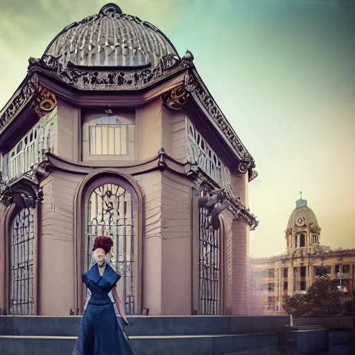 Image similar to long shot kodak portra 4 0 0, 8 k, volumetric lighting, highly detailed, britt marling style 3 / 4 fine art portrait photography in style of paolo roversi, orchid, 3 d render 1 5 0 mm lens, art nouveau fashion royal, art nouveau temple in background, elegant hyperrealistic ultra detailed, 8 k