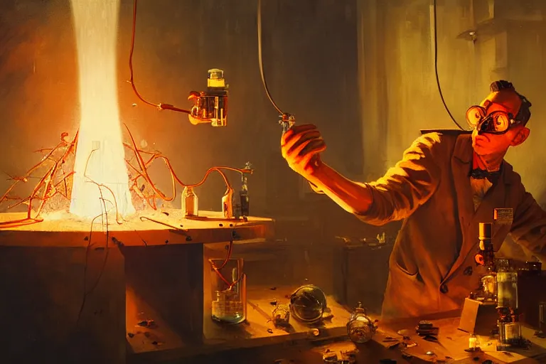 Image similar to scientist performing a explosive experiment by otto dix and greg rutkowski and andreas rocha, cinematic lighting, highly detailed, warm colours, 8 k