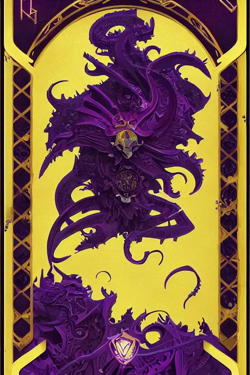 Image similar to Boardgame card, with ornamental edges, sharp, symmetrical, Lovecraftian, purple, gold, black and blue, tzeentch, by greg rutkowski and alphonse mucha, 8k, trending on artstation