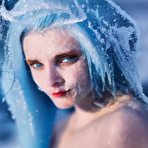 Prompt: ice dust around a frozen woman with white hair and blue eyes on the seashore, In detail