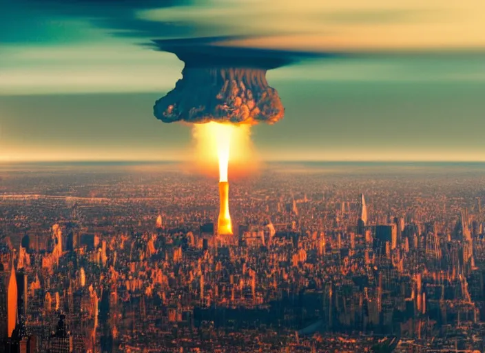 Image similar to Huge Nuclear explosion in New York, shockwave, ariel photography, distant, mushroom cloud, 8k photography