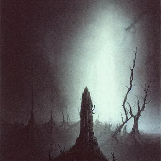 Image similar to shadowknight archfiend beksinski, eldritch, apocalypse, creepy creature, horror spooky