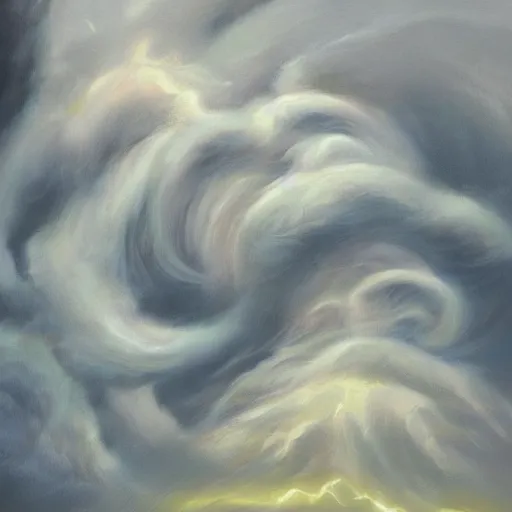 Image similar to The face of a wise but stern old man made out of swirling stormclouds in a stormy sky. beautiful, dreamy fantasy oil painting