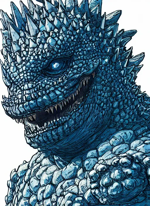 Image similar to close up portrait of a fat blue godzilla wearing a dog collar, powerful, domineering, stoic, intense, ultrafine hyperdetailed illustration by kim jung gi, irakli nadar, intricate linework, sharp focus, octopath traveler, yoji shinkawa, highly rendered, detailed, concept art