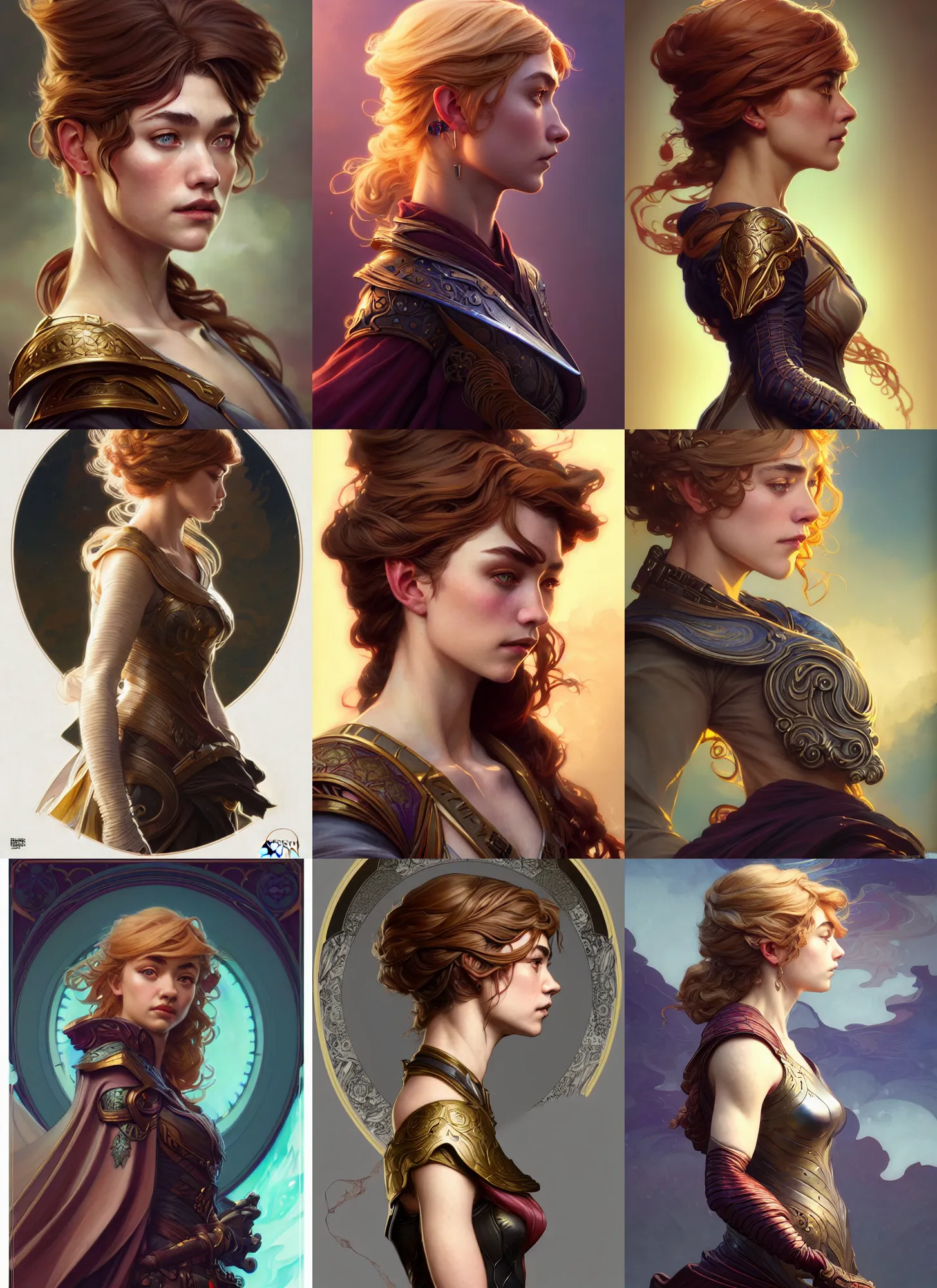 Prompt: side profile centered portrait, imogen poots paladin, by artgerm, cushart krenz, greg rutkowski, mucha. art nouveau. gloomhaven, swirly vibrant ripples, gaudy colors, sharp edges. ultra clear detailed. 8 k. elegant, intricate, octane render