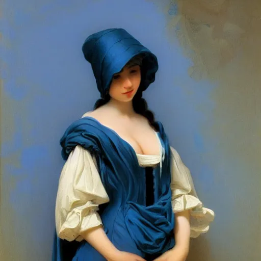 Image similar to a young woman's face, her hair is white and she wears a cobalt blue satin cloak, by ivan aivazovsky and syd mead and moebius and gaston bussiere and roger dean and pieter claesz and paul delaroche and alma tadema and aelbert cuyp and willem claesz, hyperrealistic, volumetric light, octane render