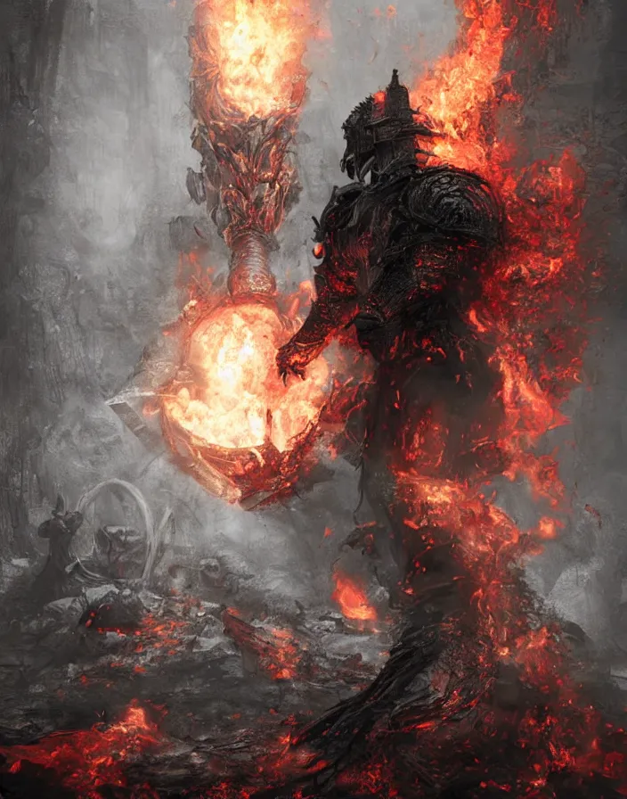 Image similar to folk horror illustration of the soul of cinder (a warrior in heavy iron armor that burns with eternal flame), dark souls 3 artwork, art by greg rutkowski, art by craig mullins, art by Masanori Warugai, art by Yoshitaka Amano