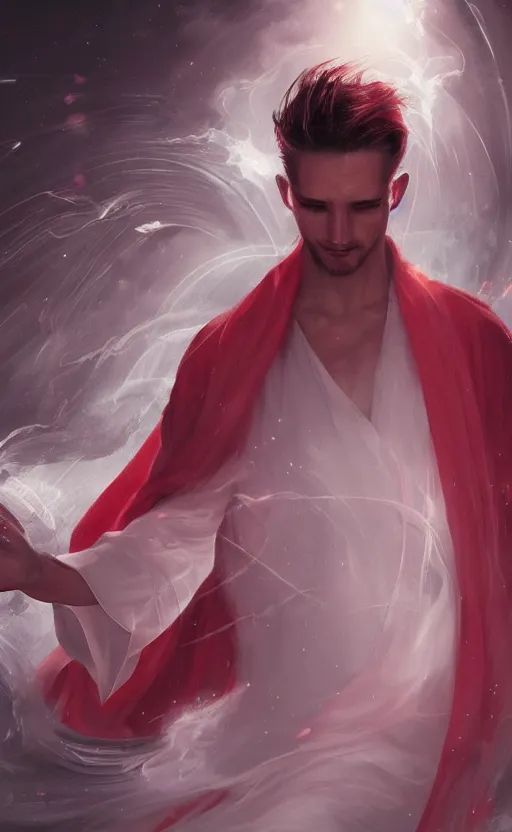 Image similar to man with long red robe over a white shirt magic wand raised high, facing camera, swirling magical energy, magic realism, artwork by chengwei pan, trending on artstation
