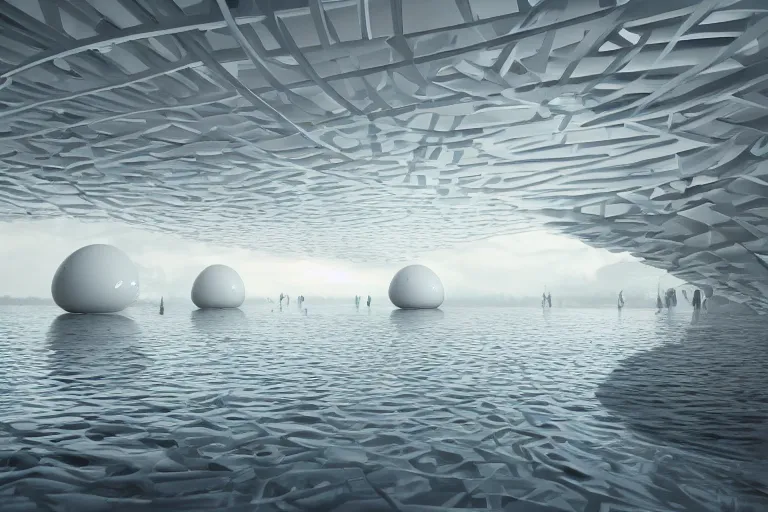 Image similar to a building interior formed by the intersection and fusion of many multi white spherical egg shaped spaces, on the calm lake surface, people's perspective award winning, highly detailed 4 k art, dusk, unreal engine highly rendered, global illumination, radial light, internal environment by kazuyo sejima