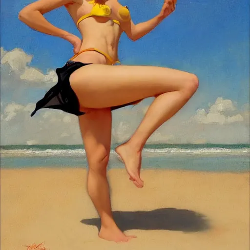 Image similar to greg manchess painting of tracer wearing a 1 9 2 0 s bikini in a beach, medium shot, organic painting, sunny day, bold shapes, hard edges, street art, trending on artstation, by huang guangjian and gil elvgren and sachin teng and artgerm and greg rutkowski and alphonse mucha