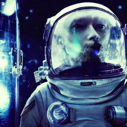 Prompt: thom yorke singer songwriter in a spacesuit filling up with water, dark background, glass - reflecting - stars, space - station light reflections, ultrafine detail, hyper realistic face, beautiful blue - eyes, videoclip, eyes reflecting into eyes reflecting into infinity, eyes reflecting into eyes reflecting into infinity