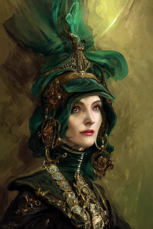 Prompt: portrait, headshot, digital painting, of a old 17th century, beautiful lady cyborg merchant, dark hair, amber jewels, dark green satin clothes, baroque, ornate clothing, scifi, futuristic, realistic, hyperdetailed, chiaroscuro, concept art, art by waterhouse and witkacy