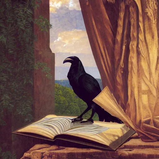 Image similar to beautifully detailed portrait of a detailed raven looking at a book laid out on a golden silk cloth, in a serene beautiful stone arched garden at beautiful sunrise by frederic leighton and by rosetti and sidney cooper, 4 k, artstation