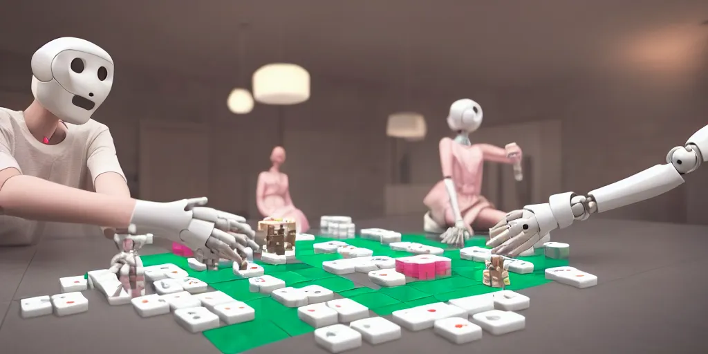 Image similar to mathematician playing mahjong against a female robot, [ photorealistic, octane render, 8 k, photography, intimate ]