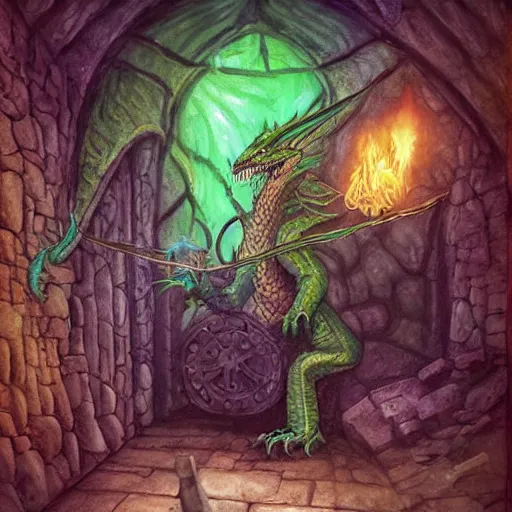 Image similar to fairy tale, painting, large green dragon!!!, venomfang, dnd, inside a dungeon, realistic, dungeons and dragons, cinematic composition, kodachrome, practical effect