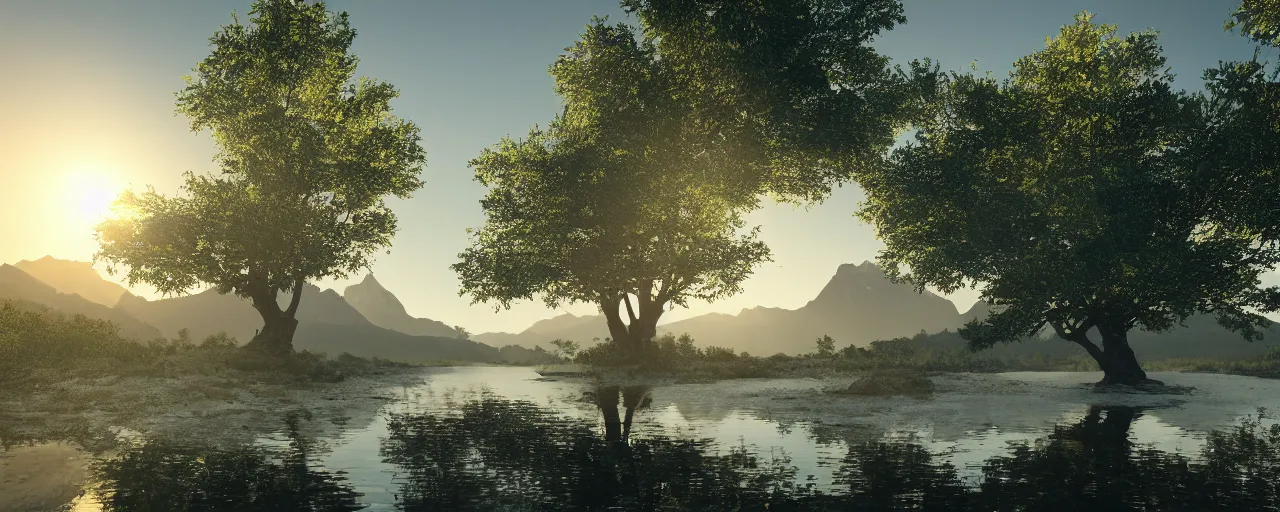 Image similar to big realistic tree near to a river on sunset with reflection on the leaves and mountains in the background, landscape, extremely high fidelity, 8 k, super resolution, concept art, cinematic view, super resolution, unreal engine 5, perspective 3 d octane render, 8 k, light rays, lens flare, epic, hyperdetailed