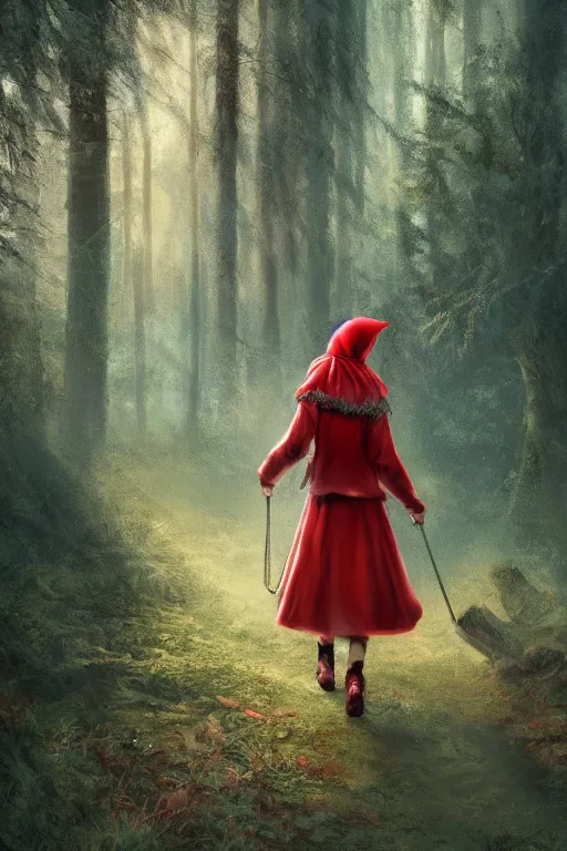 Prompt: highly detailed digital matte painting of a little red riding hood walking through the forest, carrying basket in her hand, artstation, detailed forest, stunning volumetric lighting, well focused, smooth 4K