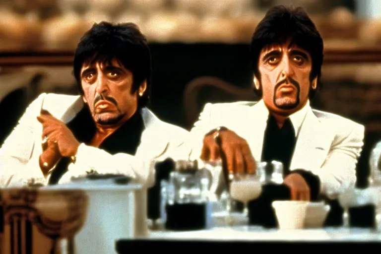 Image similar to tony montana from movie scarface 1 9 8 3 sitting behind a big black oak table with big large packages of flour. long shot. al pacino. perfect symmetric face, coherent eyes, fine details, 4 k, ron cobb, cinestill. last scene from scarface movie