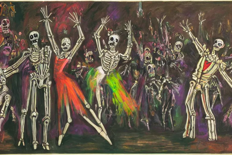 Image similar to scene from ballet, day of the dead, cyber skeletons, queen in black silk in the center, neon painting by otto dix