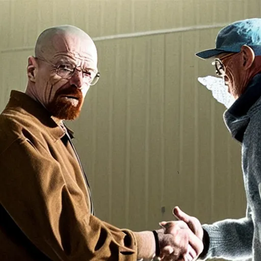 Prompt: walter white shaking hands with a bird