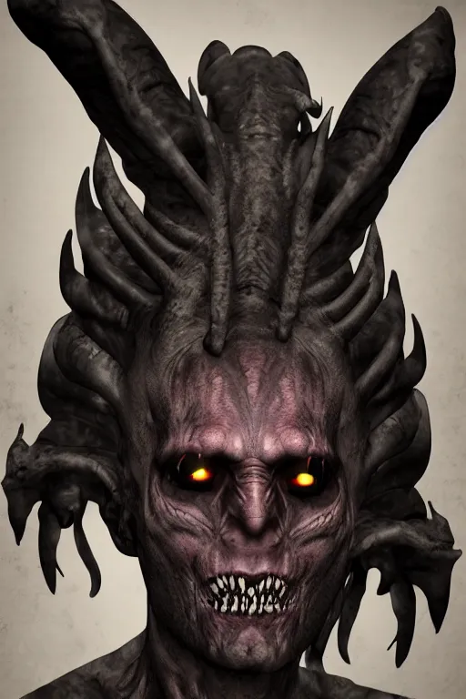 Image similar to man demon hybrid, full black eyes, spiral horns, character portrait, soft studio lighting, Pentax 35mm camera photorealistic, horror