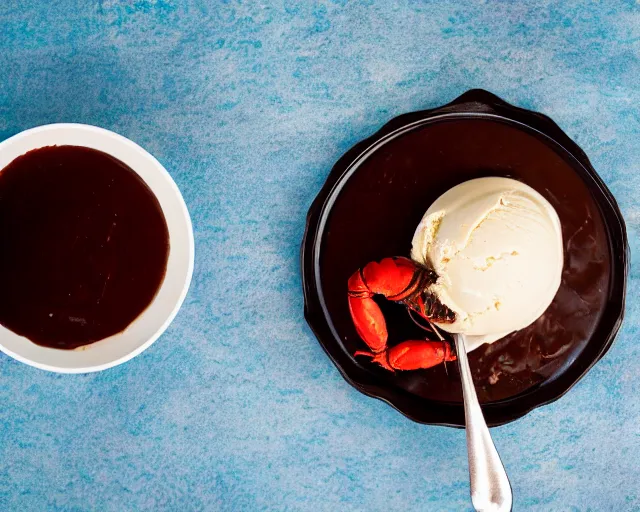 Prompt: dslr food photograph of vanilla ice cream with a crawfish, some chocolate sauce, 8 5 mm f 1. 4