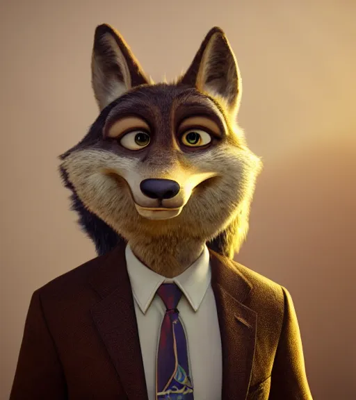 Prompt: a film still from the movie zootopia main character portrait anthro anthropomorphic wolf head animal person fursona wearing suit and tie pixar disney dreamworks animation sharp rendered in unreal engine 5 octane key art by greg rutkowski bloom dramatic lighting modeling expert masterpiece render