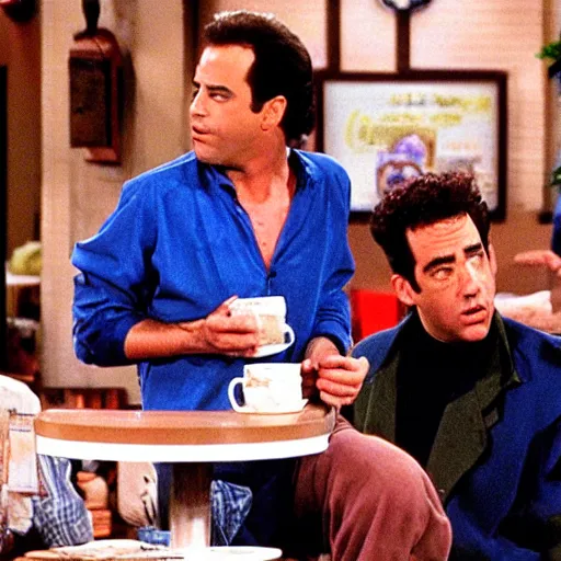 Prompt: Seinfeld and George invite Ross and Rachel at the coffee but they argue over the bill