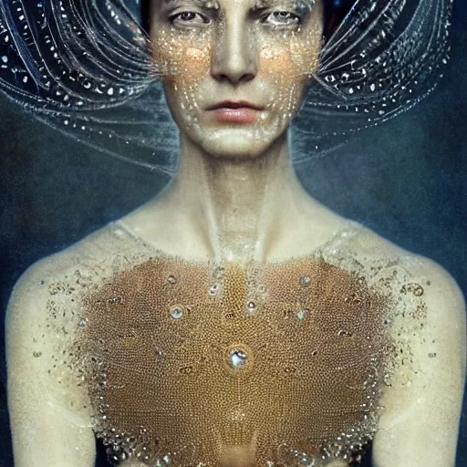 Prompt: full shot of a regal brown woman wearing an intricate and detailed armor made of dew drops. refracted light. reflections. morning dew.. delicate. translucent. no makeup!! haunting eyes. vulnerable. fragile. ethereal. refracted light. by ray caesar. by louise dahl - wolfe. by andrea kowsch.