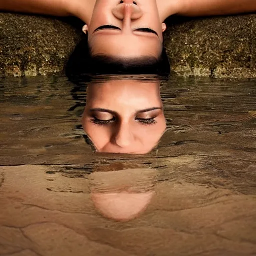 Image similar to a beautiful woman, laying on the ground, hands peacefully resting under her chin, water reflection!!!!!, water mirrored water, reflection echo, 4 k, detailed facial features!!!!!, artstation photorealism, photorealism, shot by steve mccurry, jimmy nelson, annie leibovitz, ansel adams, and frans lanting