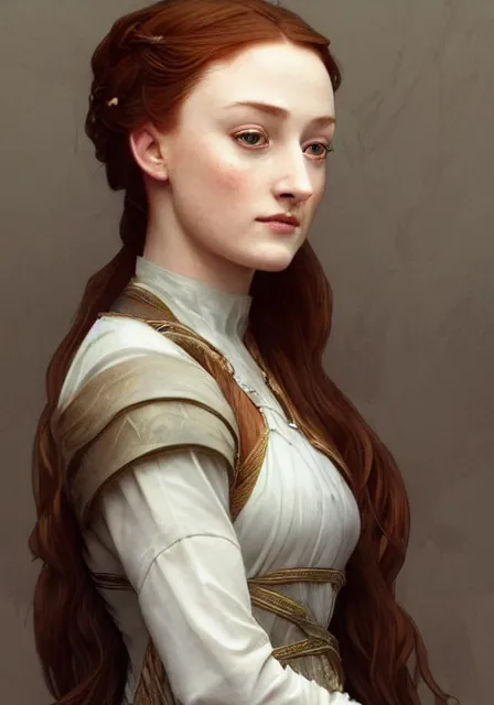 Prompt: portrait of little pretty sansa stark, intricate, elegant, highly detailed, digital painting, artstation, concept art, smooth, sharp focus, illustration, art by artgerm and greg rutkowski and alphonse mucha and william - adolphe bouguereau