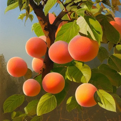 Prompt: a beautiful painting by banska stiavnica of translucent peach, backlit leaves by greg rutkowski and james gurney, beautiful fruit tree, wood