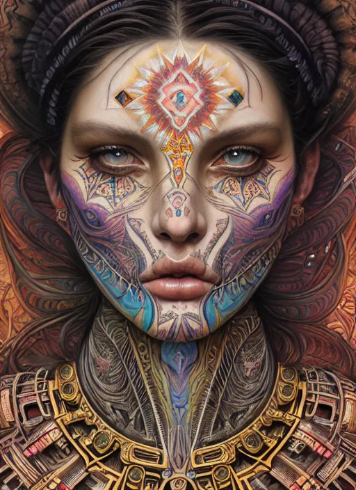 Image similar to hyper detailed masterpiece beautiful aztec face tattoo girl by donato giancola and tom bagshaw, face by artgerm and edmund leighton, and h. r. giger, trending on artstation, colorful, psychedelic aesthetic, ornate, background by james jean, 8 k, biomechanical, majestic, volumetric lighting, porcelain skin, concept art, sharp focus
