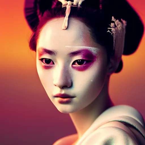 Image similar to photographic portrait of a stunningly beautiful renaissance female with geisha makeup in soft dreamy light at sunset, contemporary fashion shoot, by edward robert hughes, annie leibovitz and steve mccurry, david lazar, jimmy nelsson, breathtaking, 8 k resolution, extremely detailed, beautiful, establishing shot, artistic, hyperrealistic, beautiful face, octane render