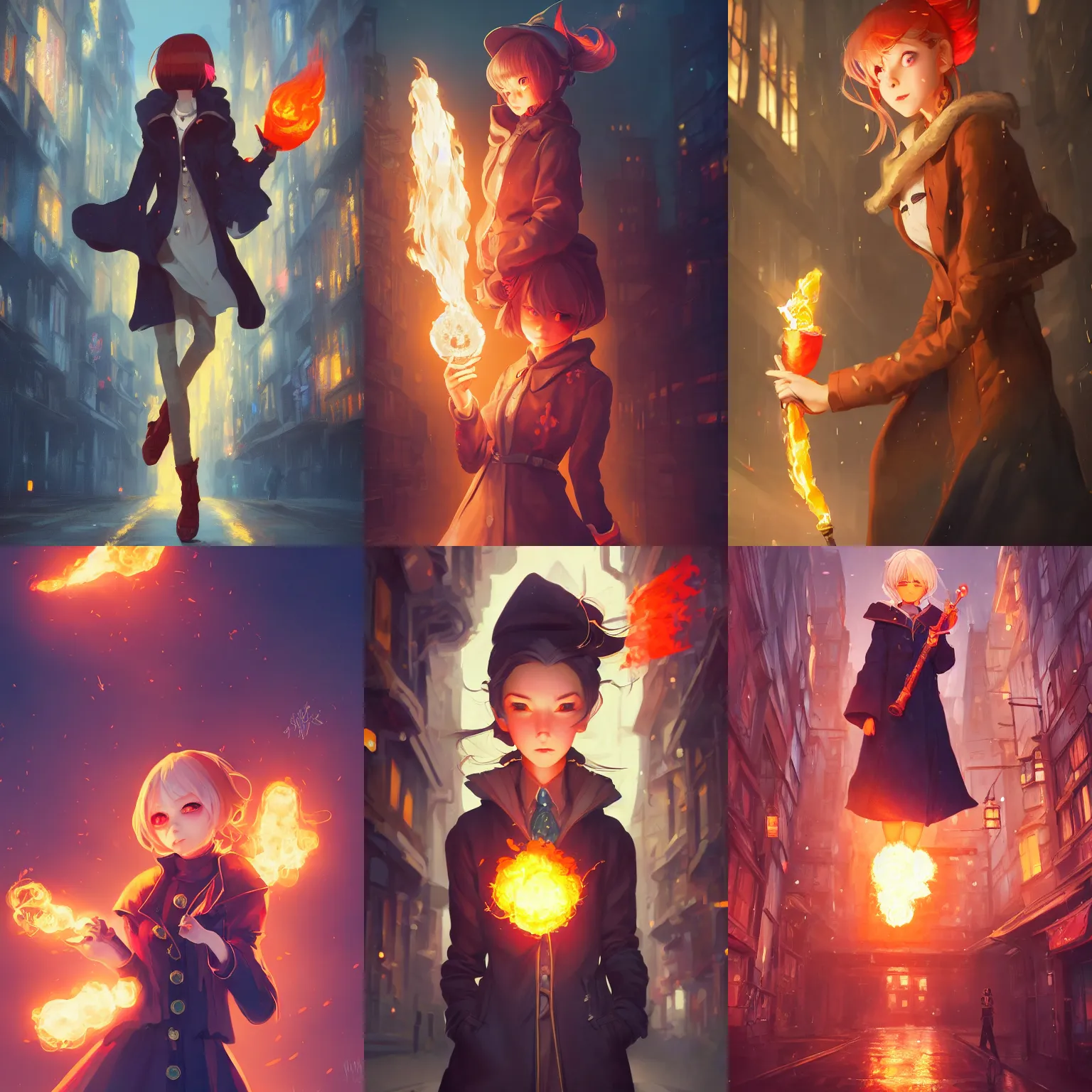 Prompt: a portrait of a cute female wizard wearing a very stylish coat and holding a fireball, embers flying, urban fantasy setting, narrow street, vivid colors, warm lighting, atmospheric, cinematic, moody, in the style of Ilya Kuvshinov and Range Murata, Krenz Cushart, oil on canvas, 8k