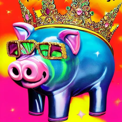 Image similar to lisa frank action pose pig wearing a gold crown holding pop can painting by android jones