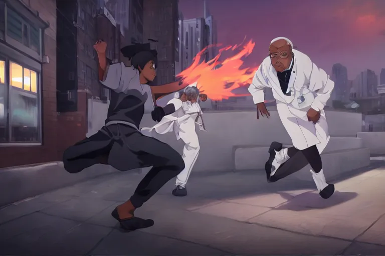 Image similar to a cute young black female ninja nurse wearing a diamond white coat is attacking an old man on a harlem rooftop, lighting, anime scenery by Makoto shinkai