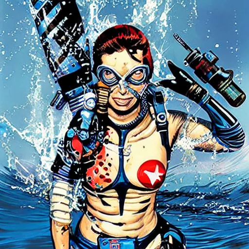 Image similar to full body painting of an underwater diver, by MARVEL comics and Sandra Chevrier