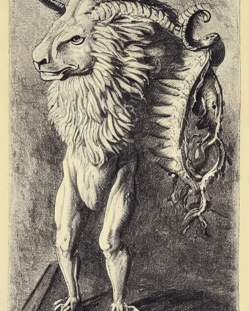 Image similar to a creature with the body and eyes of a man, with the beak of an eagle, the mane of a lion, and the horns of an ox. drawn by francis bacon