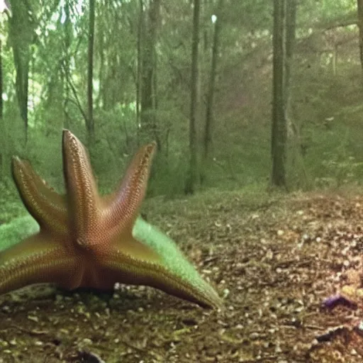 Image similar to a weird giant starfish in the forest caught on trailcam nightvision footage camera, grainy low quality